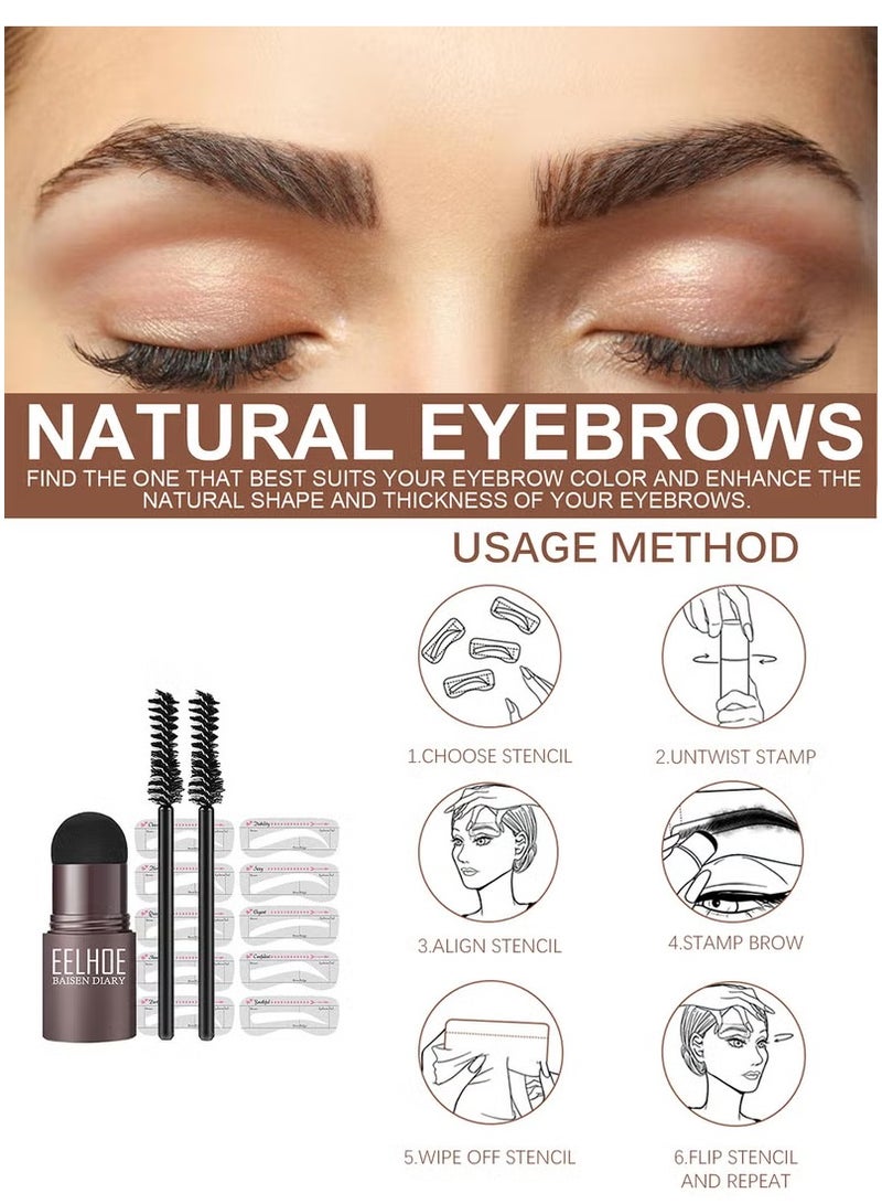 إيلهو طقم فرشاة وقوالب لرسم الحواجب، طقم تشكيل وختم حواجب طبيعي مقاوم للماء يدوم طويلًا، بودرة خط الشعر مع 10 قوالب حواجب وفرشتين للحواجب للنساء، مكياج حواجب بني غامق - Image 2