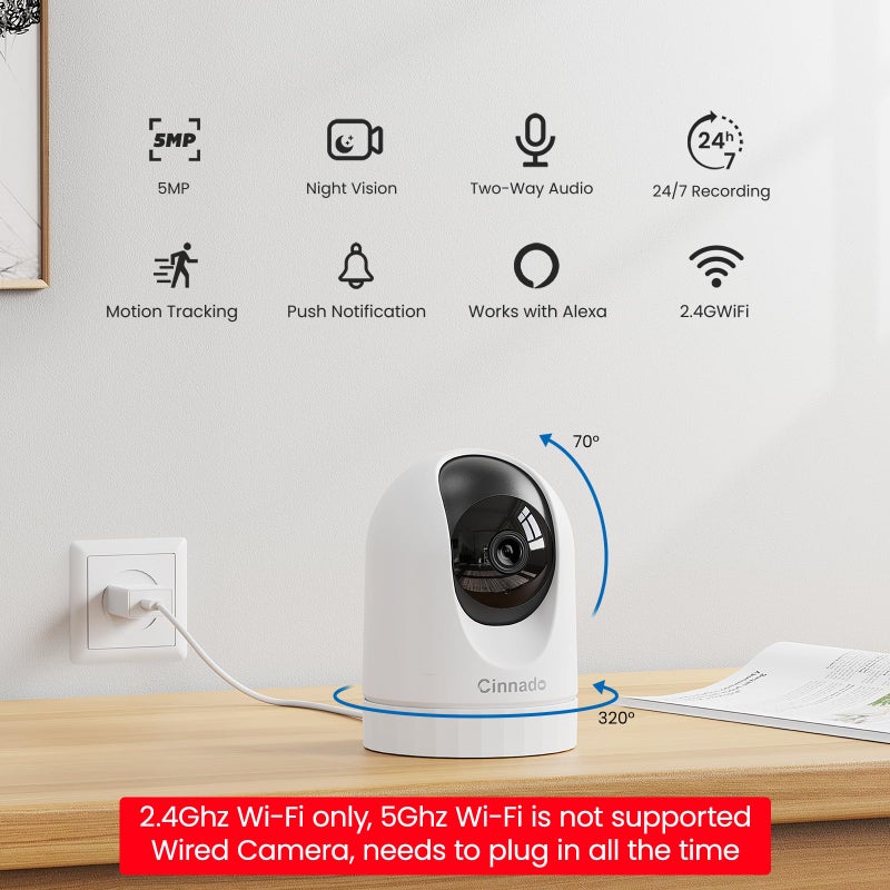 Cinnado 2K Home Security Cameras-2.4Ghz WiFi Indoor Camera with 360Â° Motion Detection for Pets/Nanny/Baby/Dog, 2 Way Audio, 24/7 SD Card Storage, Cloud Storage, Works with Alexa & Google Home, D1 4P - Image 2