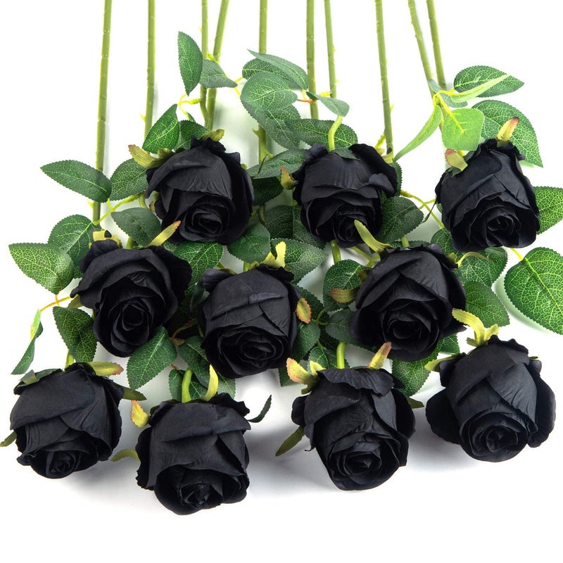 Flojery 10pcs Artificial Rose Flowers Long Stem Fake Silk Roses for DIY Wedding Bouquet Table Centerpiece Home Decor Black