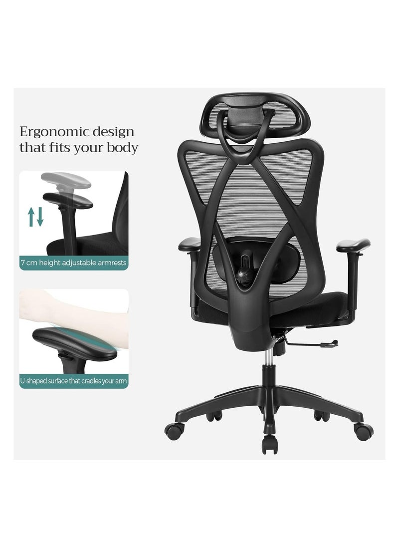 SONGMICS - SONGMICS Office Chair, Ergonomic Desk Chair, Computer Chair, Mesh Chair, Adjustable Lumbar Support and Headrest, 150 kg, Height-Adjustable, Black OBN063B01 - Image 1