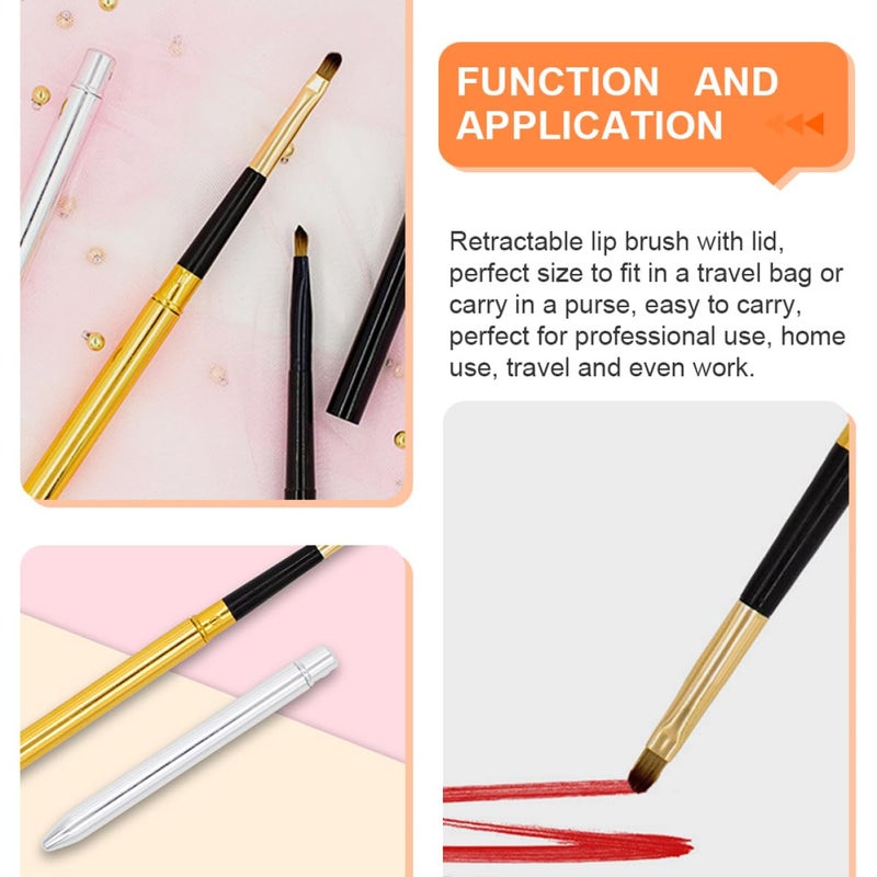 SHOWERORO 6pcs Retractable Lipstick Brushes with Cover, Soft Synthetic Lip Balm Applicators for Travel and Professional Makeup Use, Gold Silver and Black Set - Image 3