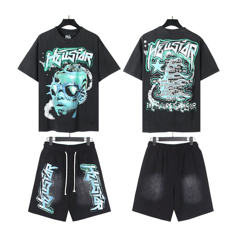 American Trendy Brand Hell Star Washed And Distressed Letters Loose Youth Short-Sleeved Street Sports Suit For Men And Women - Image 3