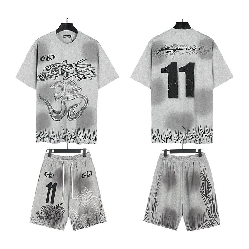American Trendy Brand Hell Star Washed And Distressed Letters Loose Youth Short-Sleeved Street Sports Suit For Men And Women - Image 1