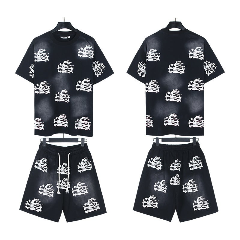 American Trendy Brand Hell Star Washed And Distressed Letters Loose Youth Short-Sleeved Street Sports Suit For Men And Women - Image 4