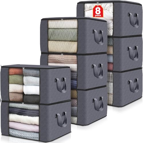 Fab totes 8 Pack Clothes Storage Foldable Thick Fabric Blanket Storage Bags Containers for Organizing Bedroom Closet Clothing ComforterCloset Organization with HandleGrey