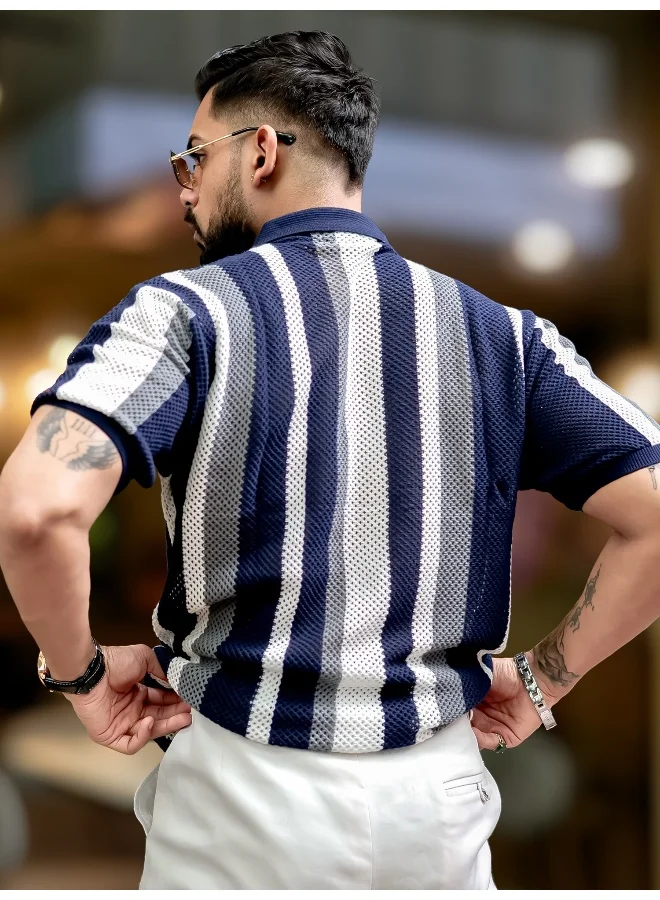 مانياك قميص رجالي قطن أزرق داكن بقصة ضيقة بنسيج محبوك