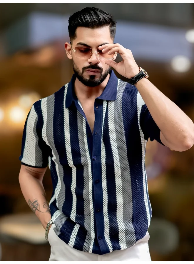 Maniac  Maniac Mens Textured FlatKnit Navy Cotton Slim Fit Shirt for Men | Best Price UAE