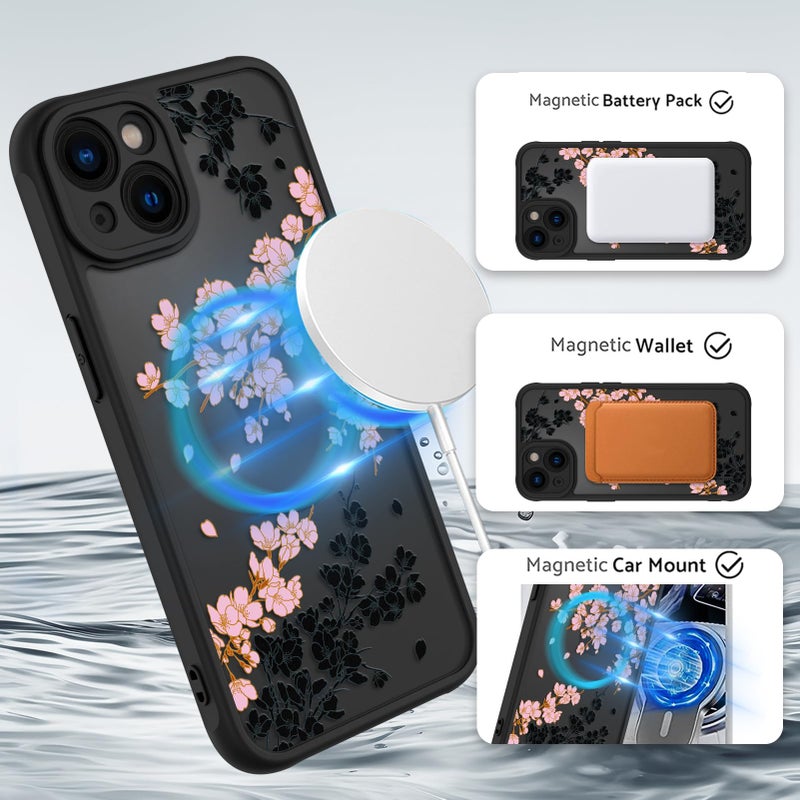 OOK Case for iPhone 15 6.1 Inch (Compatible with MagSafe) Floral Flowers Design Translucent Phone Cover Soft TPU + Hard PC Anti-Scratch Shockproof Magnetic Cute Case for Women - Pink - Image 2