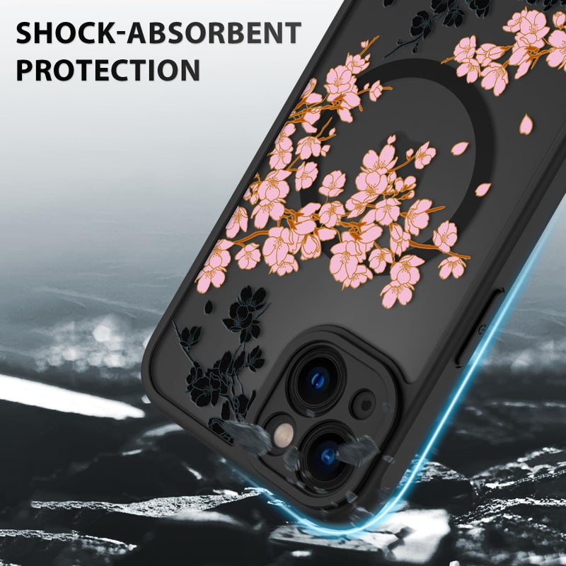 OOK Case for iPhone 15 6.1 Inch (Compatible with MagSafe) Floral Flowers Design Translucent Phone Cover Soft TPU + Hard PC Anti-Scratch Shockproof Magnetic Cute Case for Women - Pink - Image 4