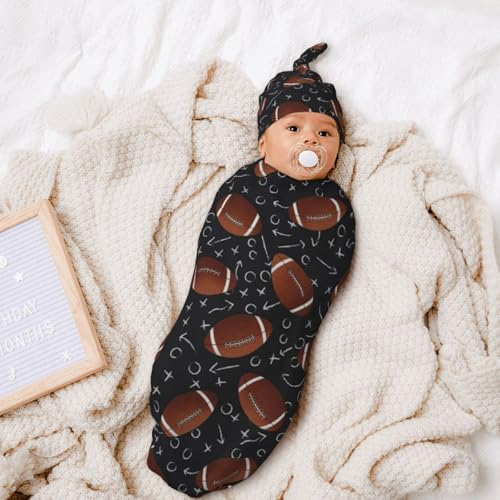 Sozzjile Football Baby Stuff Swaddle Blanket with Beanie Set, Soft Football Baby Blankets Newborn Sleeping Sacks for Girls Boys - Image 2