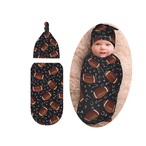 Sozzjile Football Baby Stuff Swaddle Blanket with Beanie Set, Soft Football Baby Blankets Newborn Sleeping Sacks for Girls Boys - Image 1