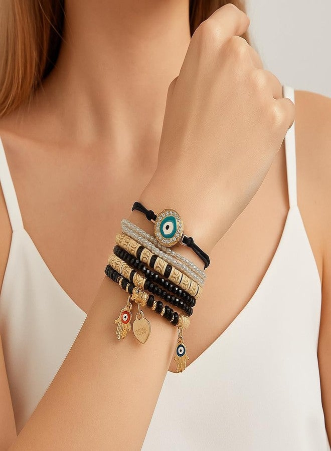VIEN 6pcs Retro Bohemian Beaded Eye Bracelets Handmade Multi Layered Exquisite Bracelets Charms Woven Bracelet Set for Women - Image 2