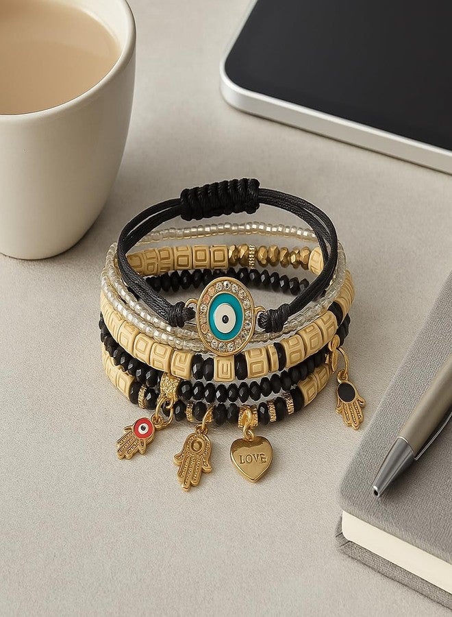 VIEN 6pcs Retro Bohemian Beaded Eye Bracelets Handmade Multi Layered Exquisite Bracelets Charms Woven Bracelet Set for Women - Image 4
