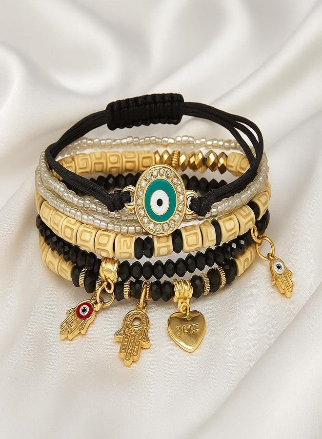 VIEN 6pcs Retro Bohemian Beaded Eye Bracelets Handmade Multi Layered Exquisite Bracelets Charms Woven Bracelet Set for Women - Image 3