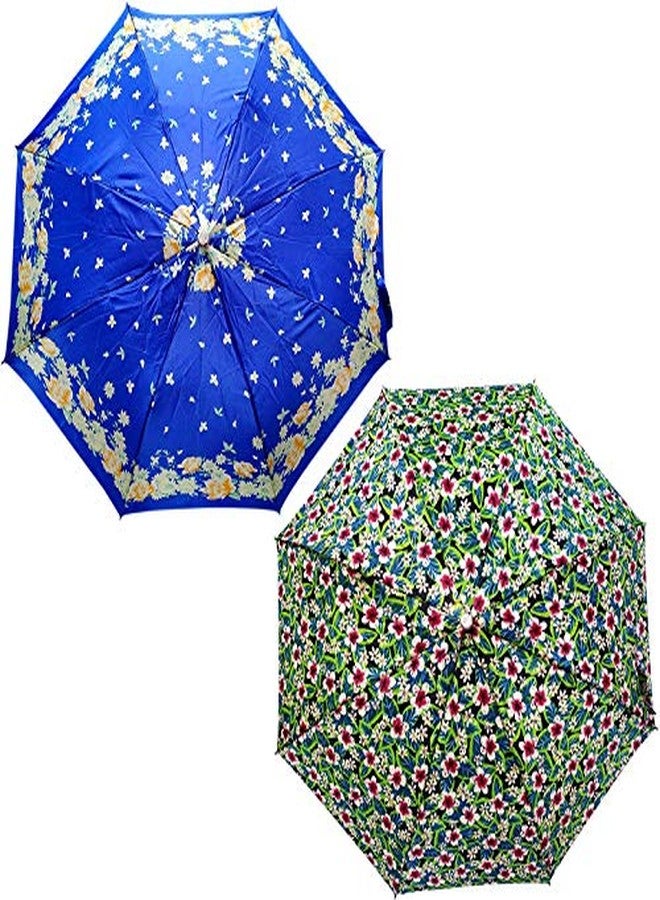 RAINPOPSON 2 Fold Printed Big Size Stylish Umbrella for Women & Men UV Protection Office Umbrella Combo for Girls (Multicolor & Blue Printed) - Set of 2 (UM-298) - Image 1