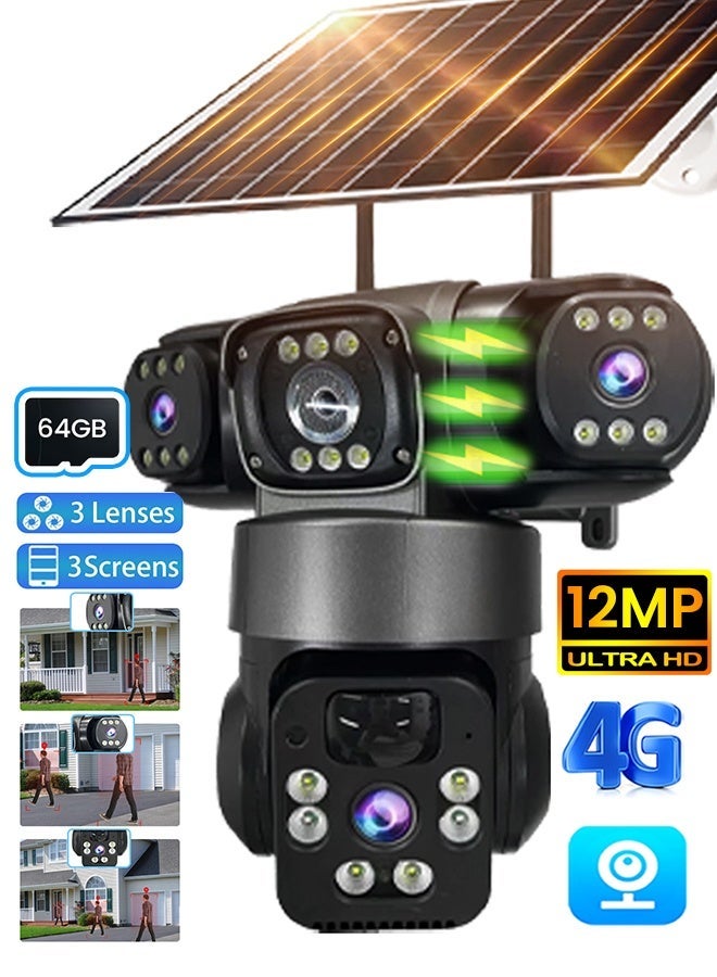 SUPER 5 12MP 3 Lens 3 Screens 4G Sim Solar Camera Outdoor Surveillance Wireless Cctv PTZ IP66 Security Solar Panel Cameras V380 - Image 1