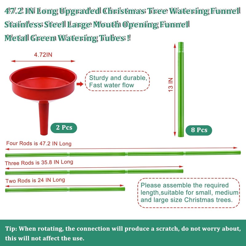 Emsiok 2Sets 47Inch Christmas Tree Watering Funnel, Wide Spout Christmas Tree Funnel Watering System with Green Stainless Steel Tubes Xmas Tree Watering Device Plant Watering Tool for Indoor Outdoor Plants - Image 2