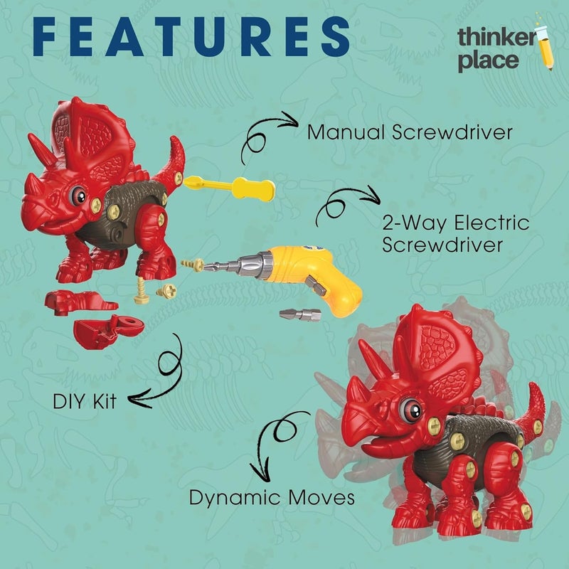 ThinkerPlace Large DIY Triceratops Dinosaur Kit with Motor Play | Learn About Motors | Take Apart Dinosaur Toys | Build, Play & Learn | STEM Educational Toy for Kids Age 4+ | Science & Learning Toy - Image 2