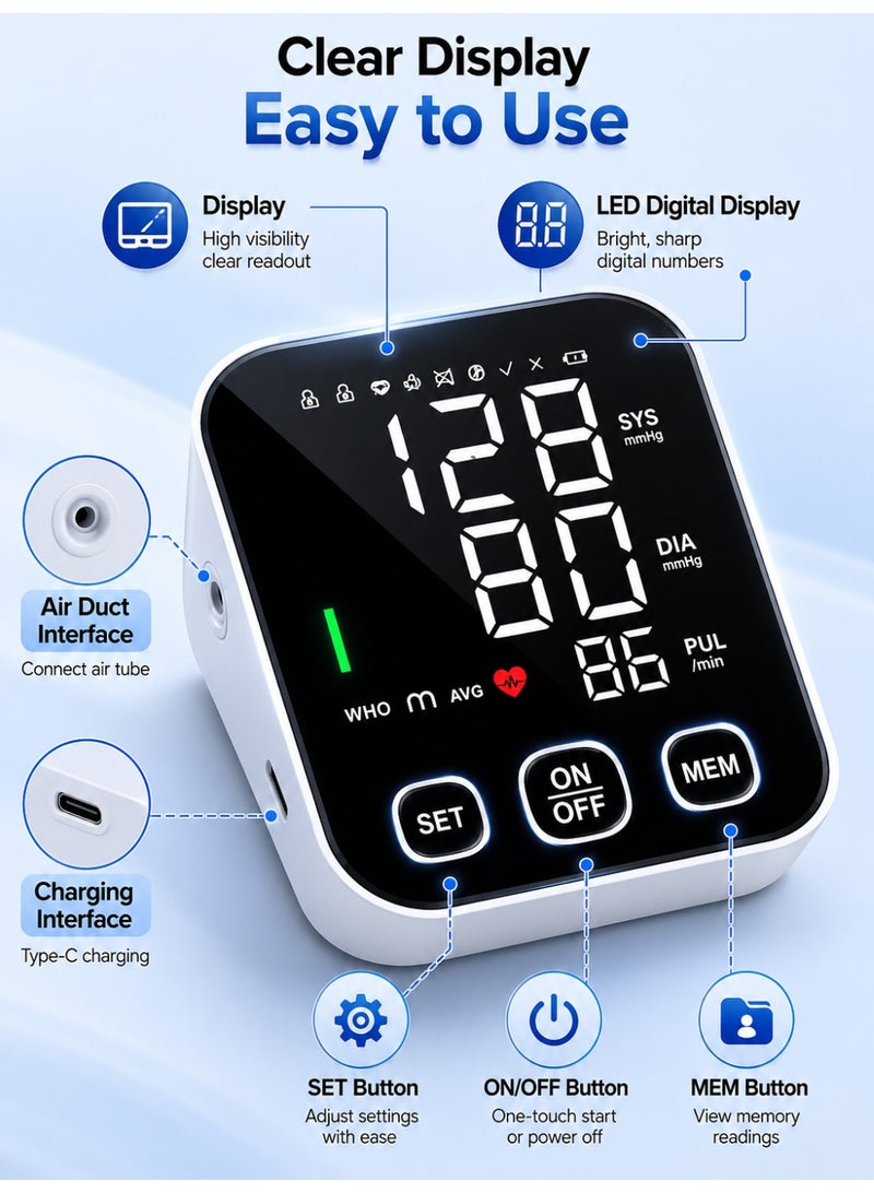 هيومان جوي جهاز قياس ضغط الدم بشاشة LCD كبيرة، مزود بخاصية النطق الصوتي وإضاءة خلفية للشاشة؛ جهاز إلكتروني أوتوماتيكي بالكامل للاستخدام المنزلي (يُوضع على العضد)، يعمل بلمسة زر واحدة، مع وظيفة ذاكرة تتسع لبيانات شخصين. - Image 4
