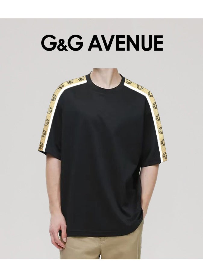 G&G AVENUE - Oversized Unisex Summer Short Sleeve T-shirt Couple Style Spliced Ribbon Bottom Shirt Drop Shoulder Top Heavy cotton fabric - Image 1