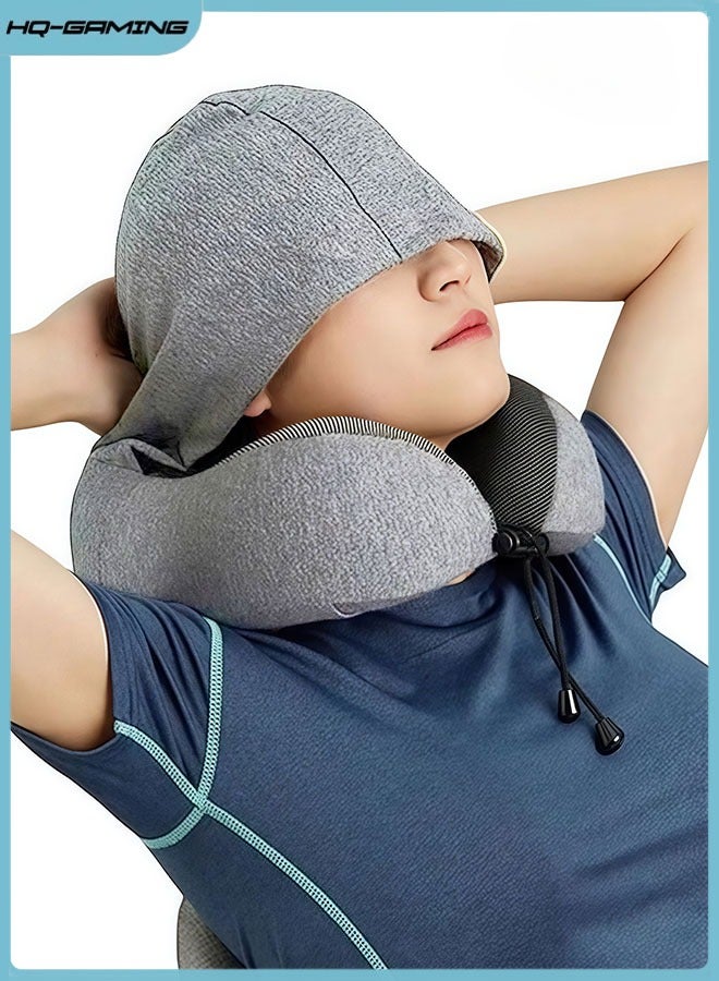 HQ-GAMING Travel Pillow 100% Memory Foam Pillow, Neck Pillow for Airplane, Neck & Head Support Pillow for Sleeping Rest & Car, Travel Pillows Kit with Storage Bag, Hidden Hoody (Grey) - Image 1