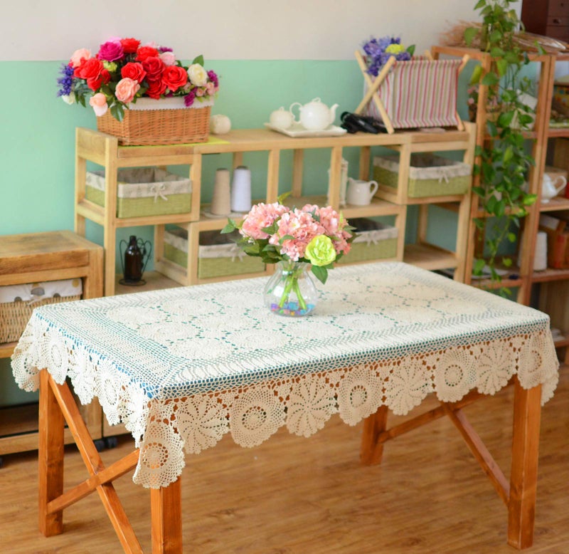 USTIDE Rustic Floral Crochet Tablecloth Rectangle Beige Cotton Lace Table Overlays 51x70