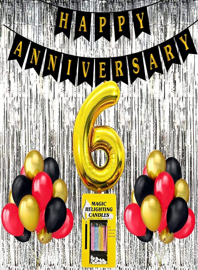 Surprises Planner Anniversary Banner, Metallic Balloons, No.6 Foil Balloon, Foil Curtain, Magic Candles Decoration Set for 6th Anniversary/Husband/Wife/Celebration - Pack of 34 