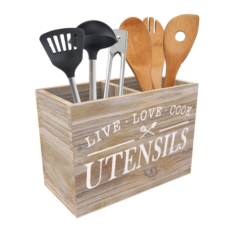 Karisky Kitchen Utensil Holder with Removable Bottom Large 2 Compartments Utensil Organizer Farmhouse Utensil Caddy for Countertop Decor 24 x 12 x 17 cm Nature