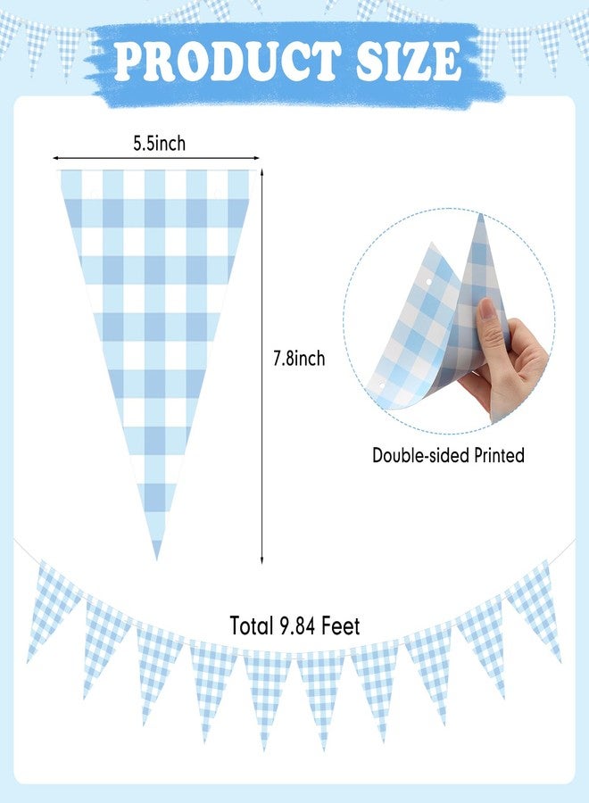 YooNotee 2 Pcs Gingham Banner Checkered Banner Triangle Bunting Decoration Double Sided Gingham Pennant Flags for Picnic Wedding Christmas Outdoor Birthday Party BBQ Decorations (Blue and White) - Image 3