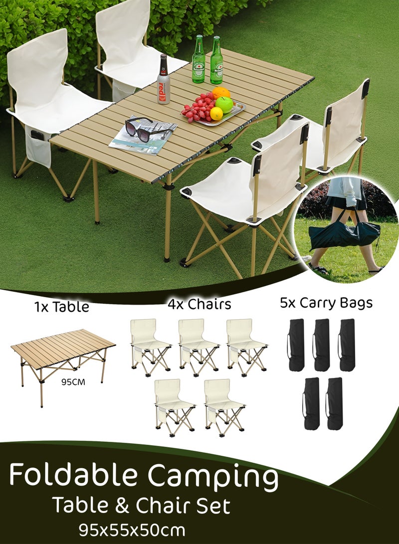 دي بلو طقم طاولة تخييم قابلة للطي مع أربعة كراسي - ٩٥×٥٥×٥٠ سم | طاولة ألومنيوم قابلة للطي | سعة كرسي ١٢٠ كجم | أثاث خارجي مقاوم للماء، محمول، وخفيف الوزن، مناسب للسفر، والحديقة، والفناء، والشاطئ، والشواء، والتخييم - Image 1