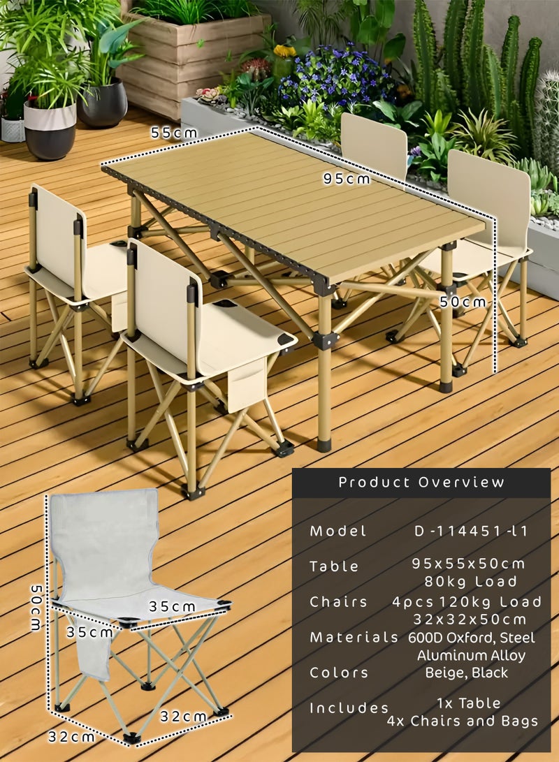 دي بلو طقم طاولة تخييم قابلة للطي مع أربعة كراسي - ٩٥×٥٥×٥٠ سم | طاولة ألومنيوم قابلة للطي | سعة كرسي ١٢٠ كجم | أثاث خارجي مقاوم للماء، محمول، وخفيف الوزن، مناسب للسفر، والحديقة، والفناء، والشاطئ، والشواء، والتخييم - Image 2