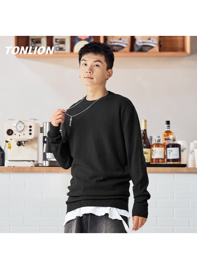 Tonlion Heavyweight Crew Neck Knit Sweater Men New Casual Solid Color Pullover Loose Warm Youth Sweater - Image 1