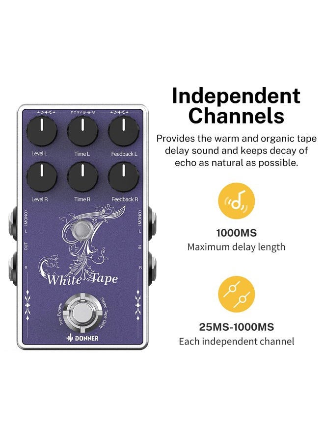 Donner EC1335 White Tape Stereo Delay Pedal, Analog Delay for Electric Guitar, Purple - Image 4
