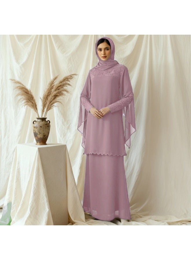 Women Lace Embroidery Chiffon Suit Set Split Flared Sleeve Scalloped Hem Tunic Top Long Skirt - Image 1