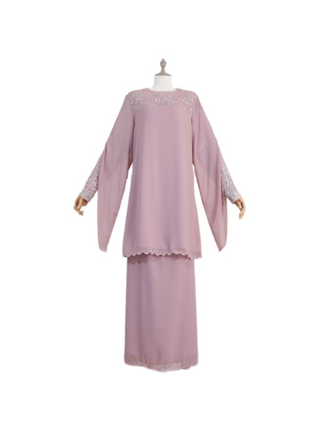 Women Lace Embroidery Chiffon Suit Set Split Flared Sleeve Scalloped Hem Tunic Top Long Skirt - Image 2