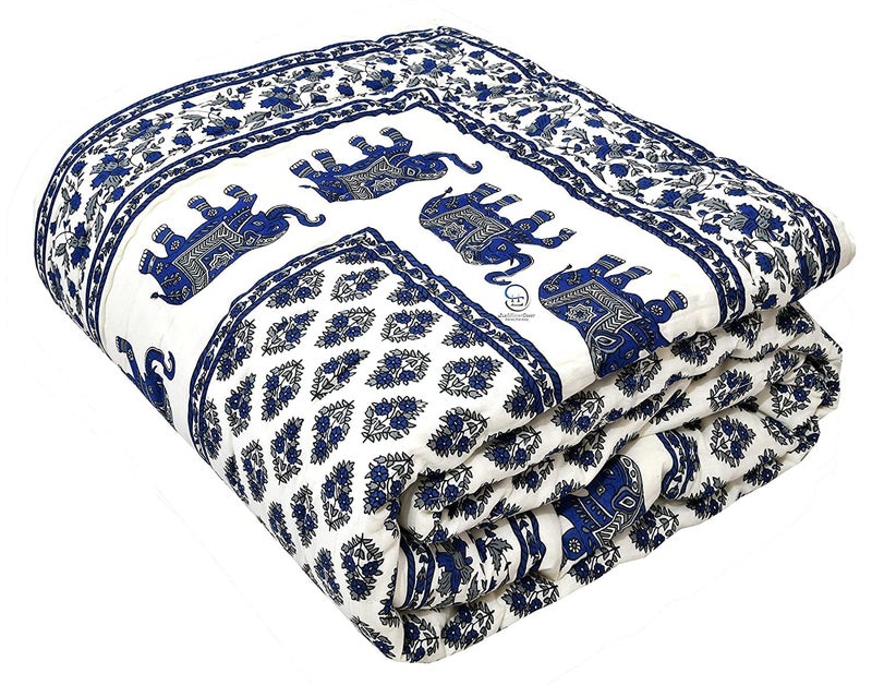 AUROSTYLE 400 GSM Light Weight Rajasthani Traditional Jaipuri Hand Block Print Summer and Winter Cotton Double Bed Quilt Razai [Double Bed 90 x 105 Inch] (Design 5) - Image 1