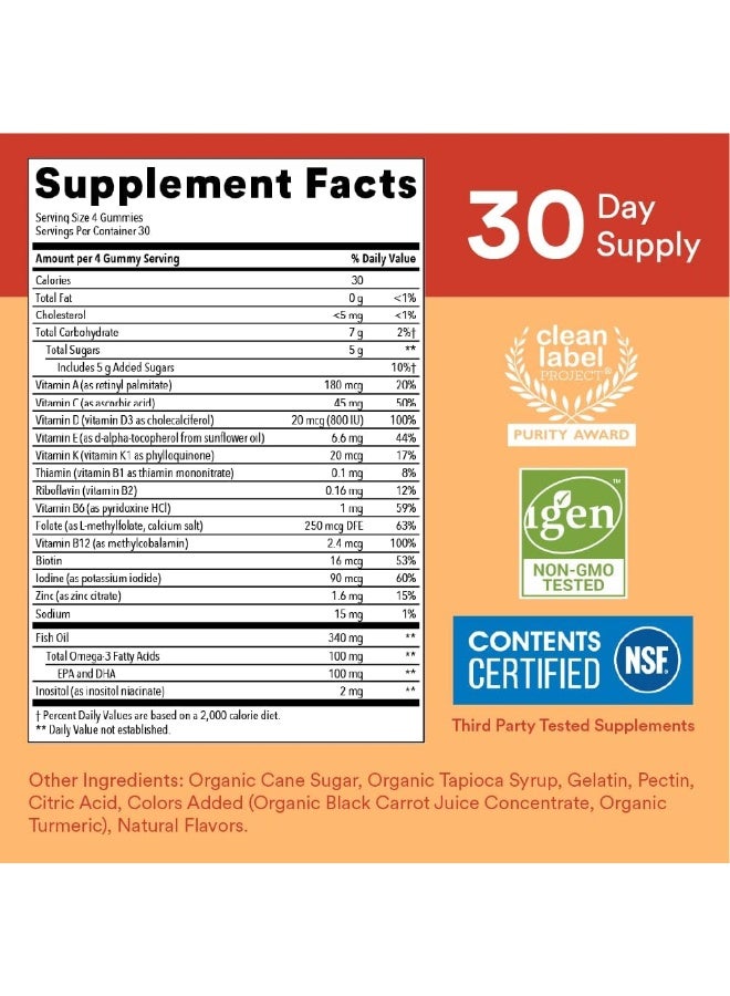 SmartyPants Kids Multivitamin Gummies: Omega 3 Fish Oil (EPA/DHA), Vitamin D3, C, Vitamin B12, B6, A, K & Zinc for Immune Support, Biotin, Gluten Free, Three Fruit Flavors, 120 Count (30 Day Supply) - Image 4