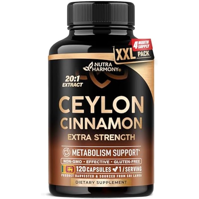 NUTRAHARMONY Ceylon Cinnamon Capsules - Extra Strength - Energy, Heart & Metabolism Support - for Men & Women - Pure Natural Extract 20:1 Supplement - Made in USA - GMO & Gluten Free, 120 Capsules, 4 Month Supply - Image 1