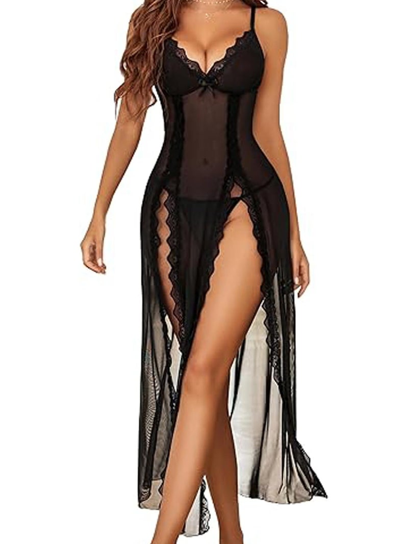 RioDebella Beera Sheer Lace Lingerie Gown with Long Split Front and V Neck Nightwear - Image 1