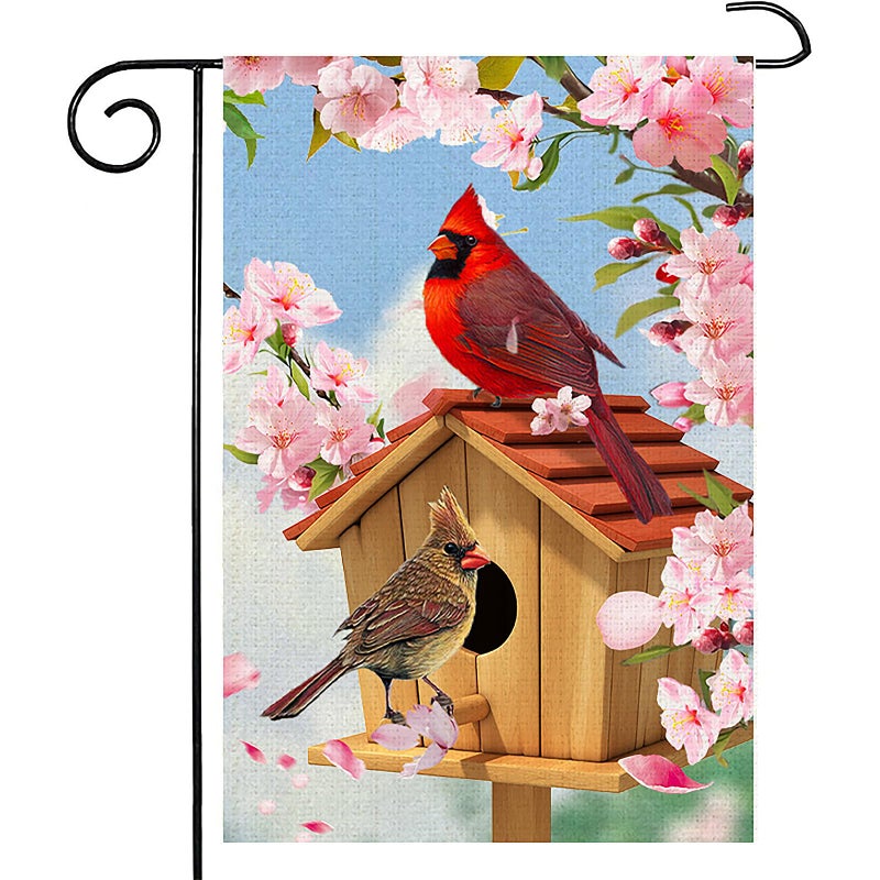 weizedm Spring Cardinal Bird Garden Flag 12x18 Inch Double Sided Burlap Outdoor Flag Decorations Pink Flowers Tree Summer Farmhouse Holiday Outside Decorations Burlap Yard Flag - Image 1