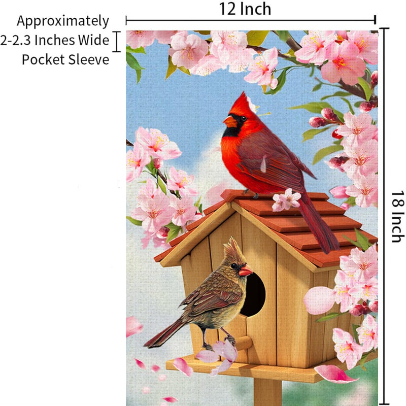 weizedm Spring Cardinal Bird Garden Flag 12x18 Inch Double Sided Burlap Outdoor Flag Decorations Pink Flowers Tree Summer Farmhouse Holiday Outside Decorations Burlap Yard Flag - Image 2