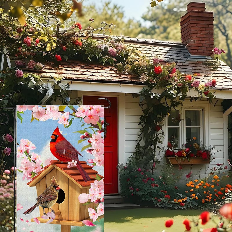 weizedm Spring Cardinal Bird Garden Flag 12x18 Inch Double Sided Burlap Outdoor Flag Decorations Pink Flowers Tree Summer Farmhouse Holiday Outside Decorations Burlap Yard Flag - Image 5