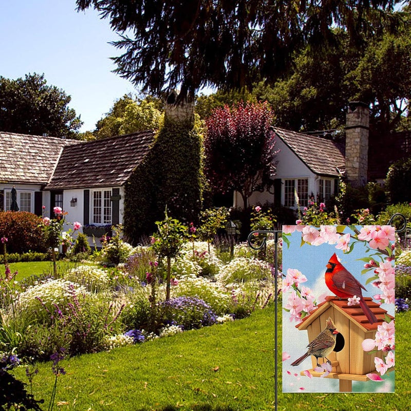 weizedm Spring Cardinal Bird Garden Flag 12x18 Inch Double Sided Burlap Outdoor Flag Decorations Pink Flowers Tree Summer Farmhouse Holiday Outside Decorations Burlap Yard Flag - Image 4