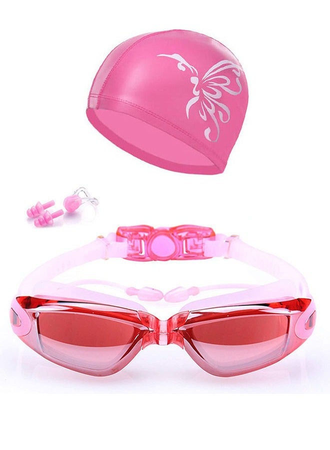 روك بو نظارات سباحة ROCK POW، نظارات سباحة عاكسة لا تتسرب، مضادة للضباب، حماية من الأشعة فوق البنفسجية، عدسات رؤية واسعة، نظارات سباحة ثلاثية مع حقيبة حماية مجانية، مجموعة نظارات سباحة مقاومة للماء 4 في 1 مع قبعة سباحة، سدادات أنف، سدادات أذن للبالغين والرجال والنساء والشباب والأطفال، وردي - Image 1