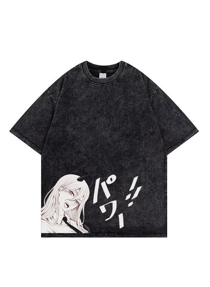 Washed retro T-shirt street hip hop anime Chainsaw Man casual cotton summer short sleeves - Image 1