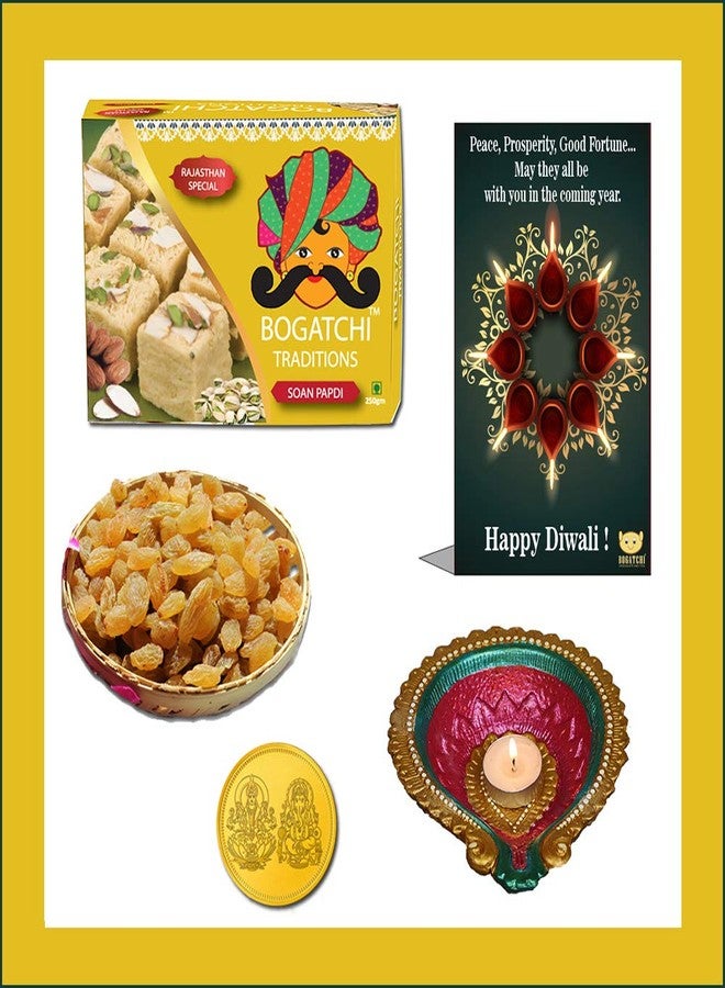BOGATCHI Diwali Sweets Gift Box, Soan Papdi and Dry Fruits, 350g , Free Designer Diya, Diwali Greeting Card, Gold Plated Coin