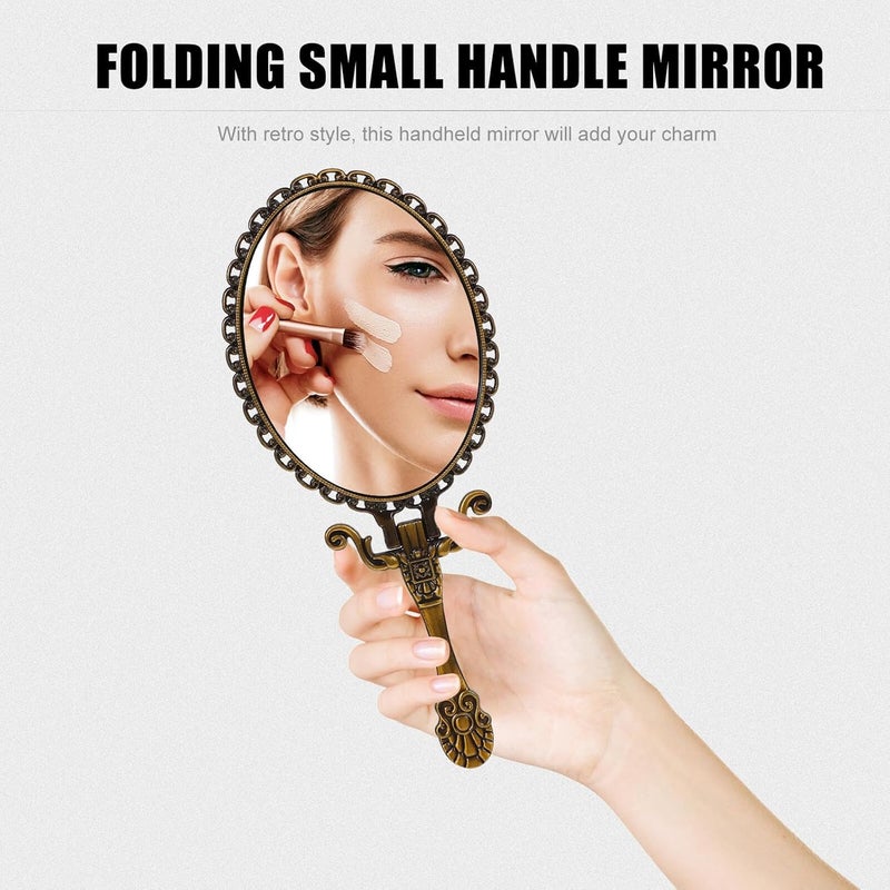 Retro Handheld Makeup Mirror with Handle, Embossed Flower Portable Folding Cosmetic Mirror Vintage Style for Travel and Daily Beauty Use - Image 4