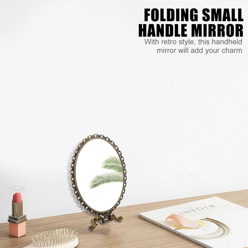 Retro Handheld Makeup Mirror with Handle, Embossed Flower Portable Folding Cosmetic Mirror Vintage Style for Travel and Daily Beauty Use - Image 2