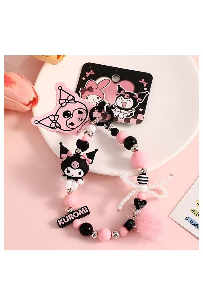 Gothic Bunny Phone Lanyard Black Kawaii Beaded Keychain Bag Charm with Anti-Loss Strap for Keys Wallets