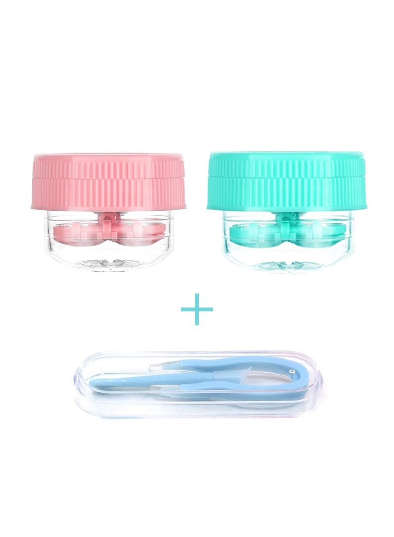 Adorable Cartoon Contact Lens Case, 2 Pack Portable Travel Storage Box with Washer & Tweezers Kit (Pink & Green), Ideal for On-the-Go Lens Care - Image 4